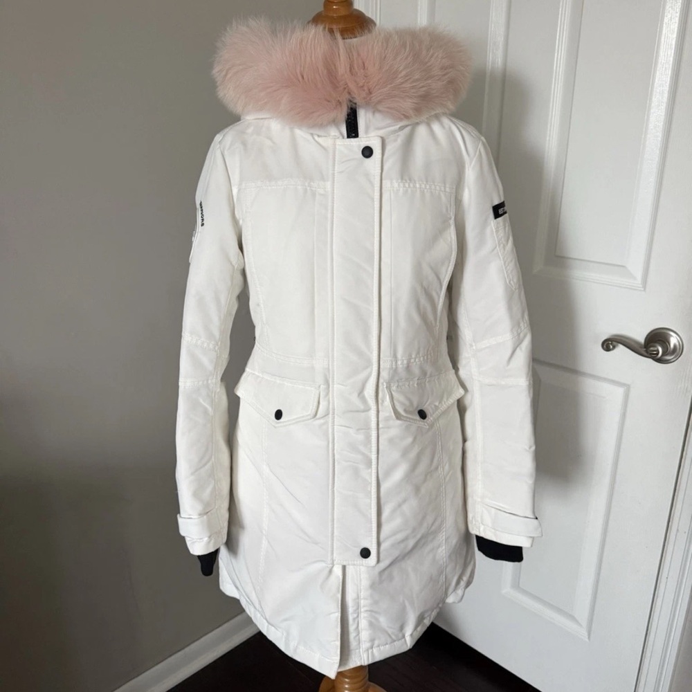 NBA Golden State Warriors White Puffer Jacket with Pink Fur Hood